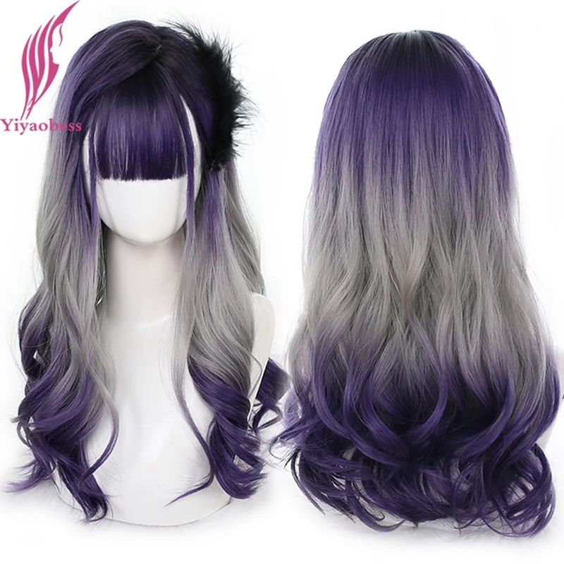 

Yiyaobess Multicolor Lolita Hair Long Wavy Ombre Wig With Bangs Purple Auburn Halloween Cosplay Wigs For Women Pelucas Naturales