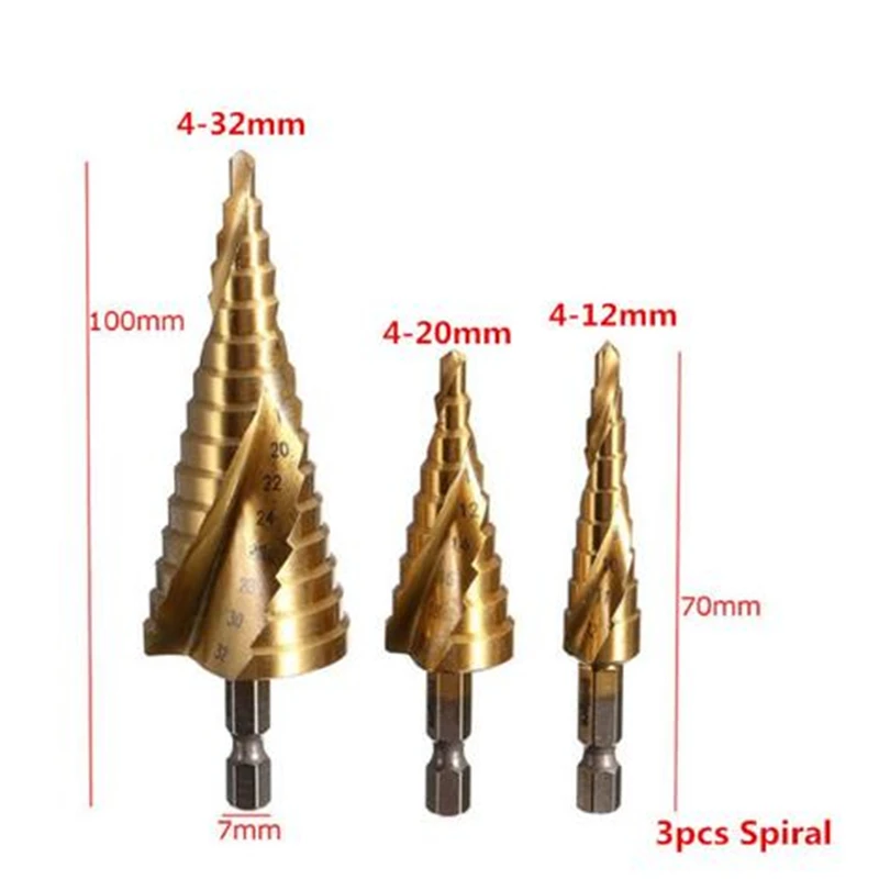 3pcs Sprial Ступенчатое сверло из быстрорежущей стали с титановым покрытием 3-13 мм 3-12 мм 4-12 мм 4-20 мм ступенчатое конусное металлическое сверло с автоматическим цоколем - Цвет: 3pcs Sprial