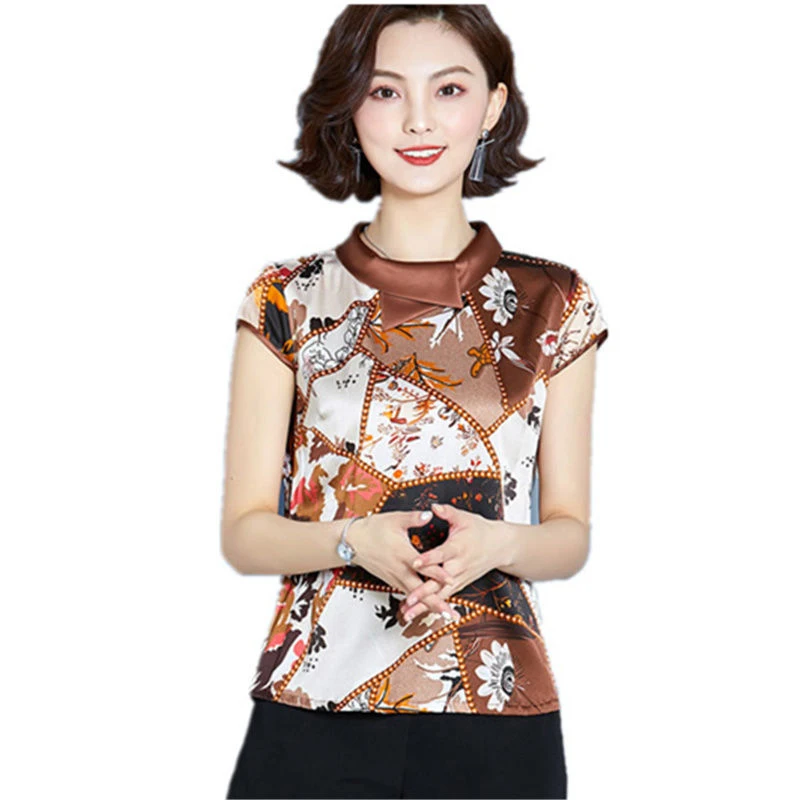 Vintage Style Women Imitate Silk Blouses Shirts Lady Casual Peter Pan Collar Short Sleeve Blusas Tops DF2925 | Женская одежда
