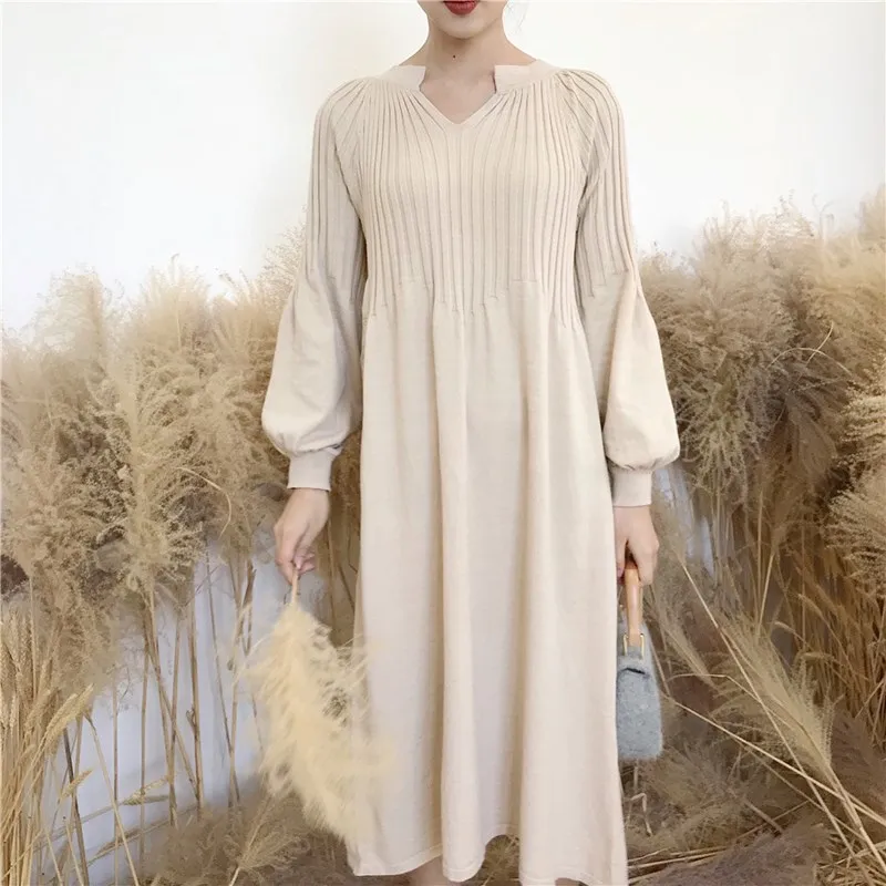 Осеннее шикарный вязаный Ретро платье с v образным вырезом и длинными рукавами