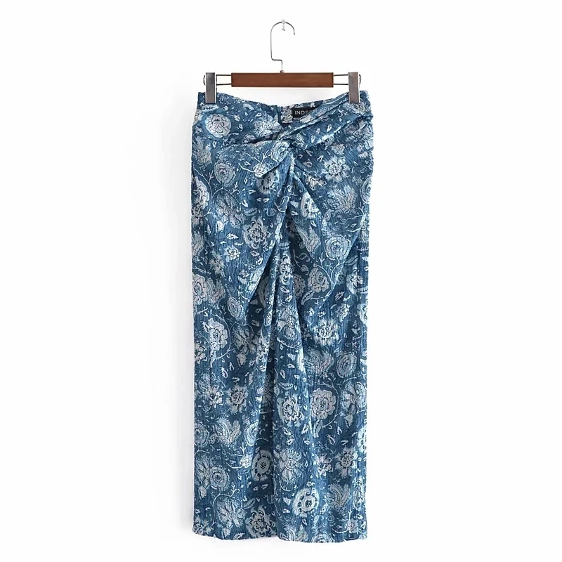 

Za 2021 High Waist Print Ruched Summer Skirt Women Textured Knot Vintage Midi Blue Skirts Woman Chic Back Zip Slit Elegant Skirt