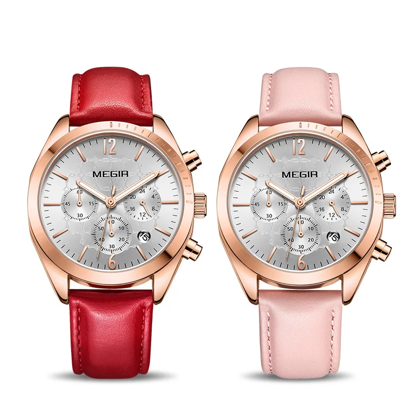 Женские модные часы MEGIR с розовым кожаным ремешком дамские кварцевые часики Relogio