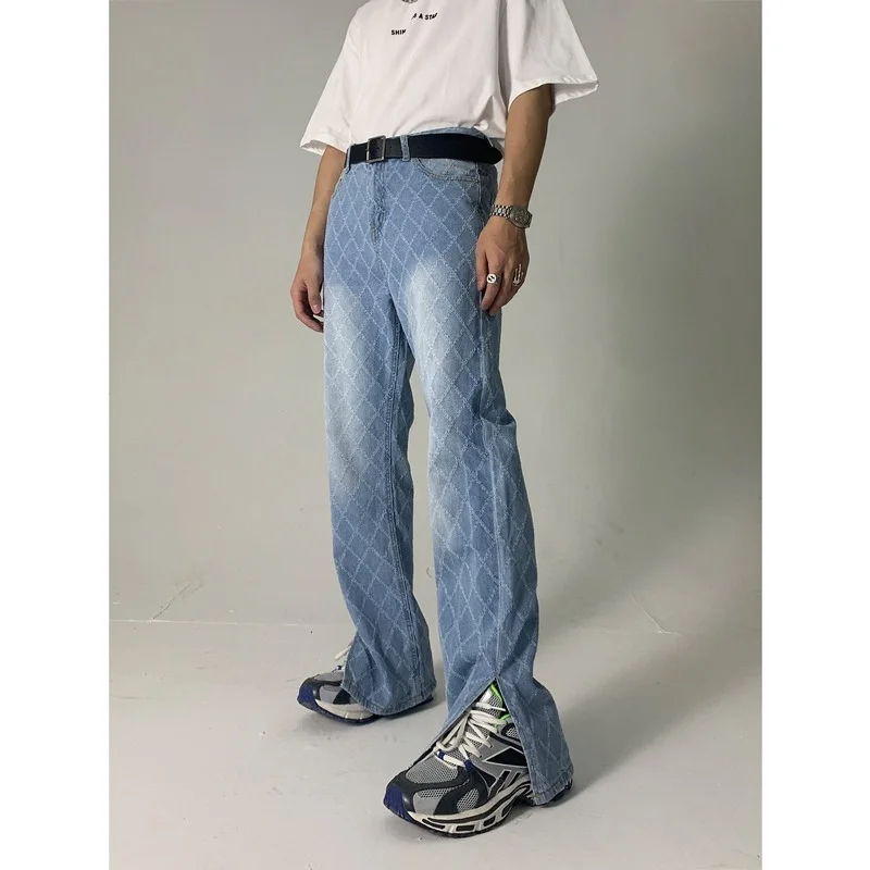 Mesh Jacquard Jeans Mens Plaid Grid Korean Casual Straight Wide Leg Pants Loose Slimming Slit Mop Pants Man Baggy Vintage Jeans
