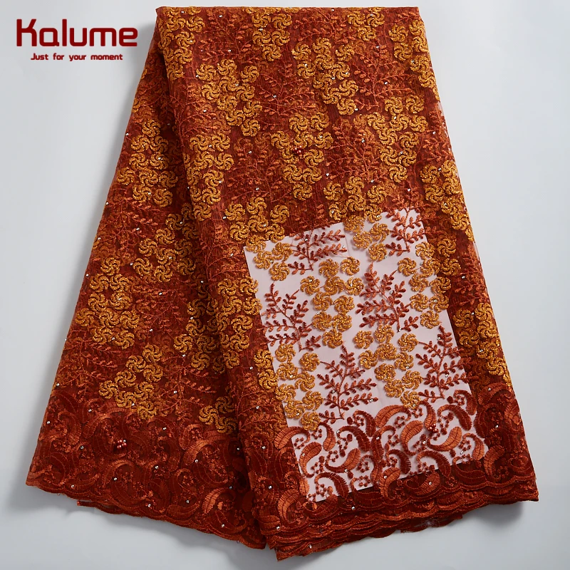 

Kalume Latest African Lace Fabric Yellow French Mesh Lace Fabric With Stones Tulle Lace Fabric For Nigerian Party Dress F2325