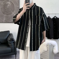 mens loose striped shirt casual summer short sleeve big fashion blouse couples coat white black college new trend