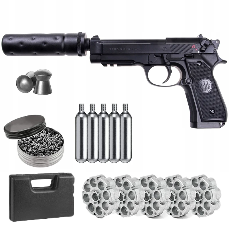 

Beretta 90tvo pistol, carbon dioxide air gun, pistol bullet and 500 carat lead bullet classic metal wall sign