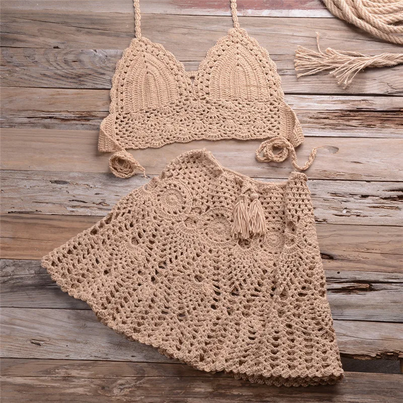 

NODELAY 2021 Knitted Beachwear Bikini Cover up Sexy Halter top Crochet Swimwear Women Beach Vestidos Swimsuit Cover Ups Biquini