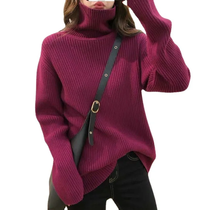 

2021 Sports Thickened Large Version Women's Turtleneck Sweater Autumn and Winter Retro Simple Lazy Loose Hedging Striped Knit