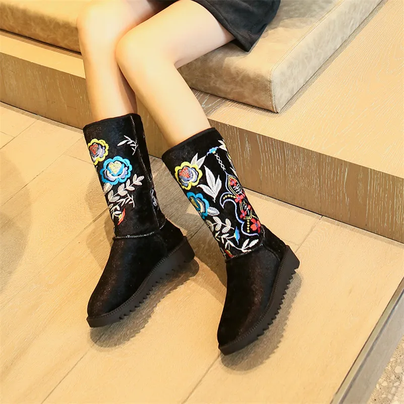 

Meotina Winter Snow Boots Women Boots Embroider Flower Flat Mid Calf Boots Slip on Round Toe Shoes Female 2019 Plus Size 34-43