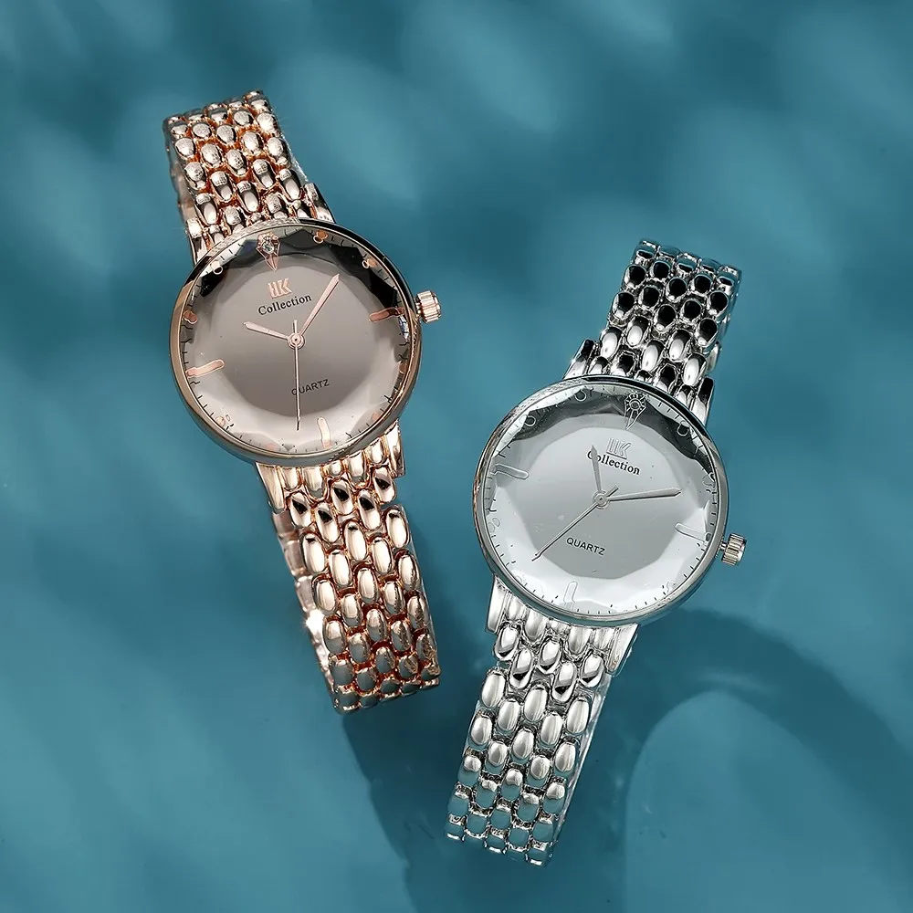 Модные женские часы из нержавеющей стали с резной стеклянной поверхностью