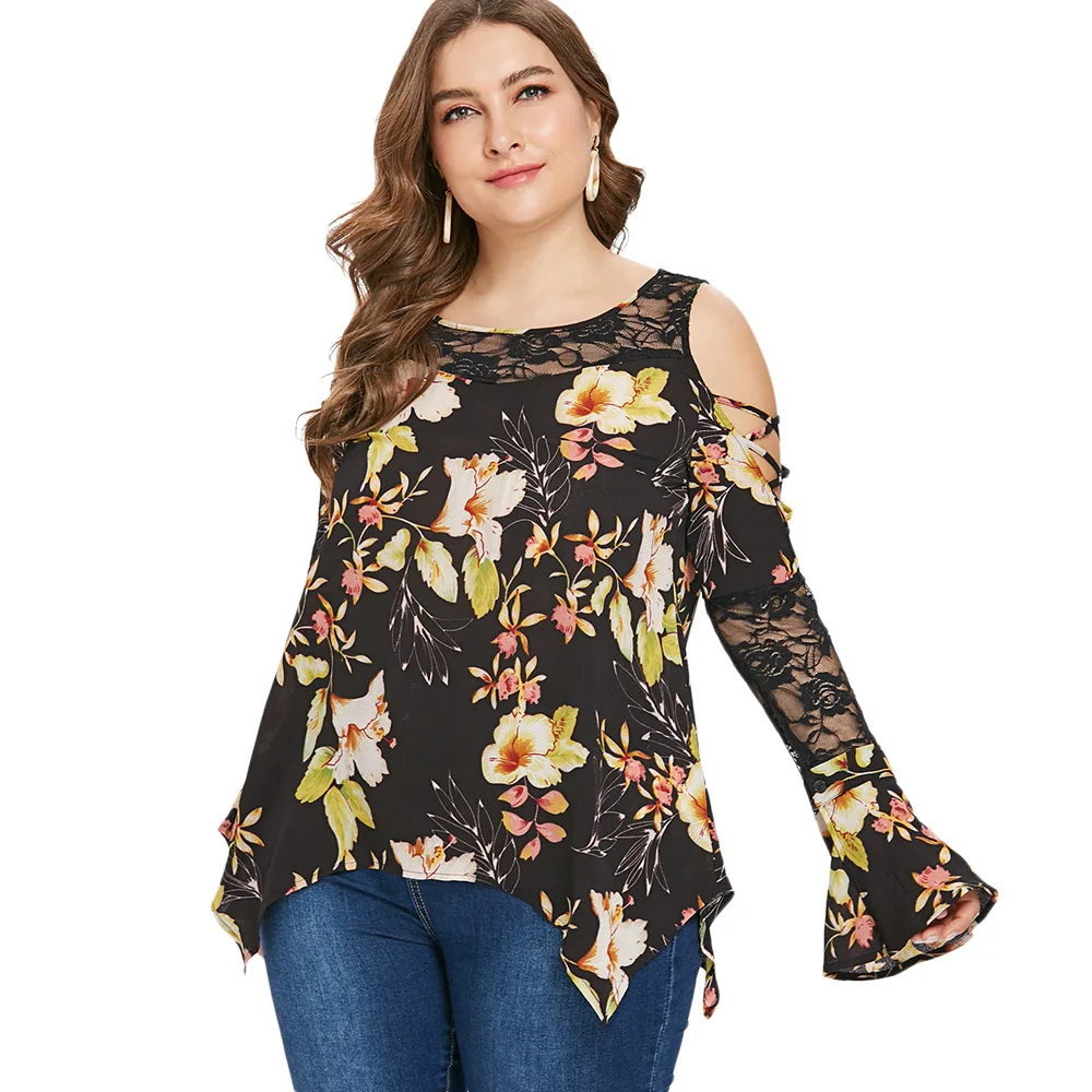 ROSEGAL Плюс Размер Женская кружевная панель цветочный принт футболка с