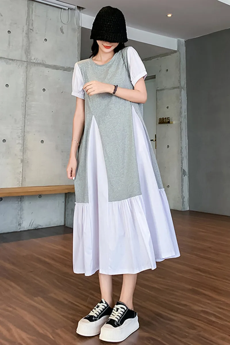

2021 Summer Women's Loose Clothing Slimming Stitching Contrast Color Irregular Dress Female Korean Short Sleeve Casual Dress