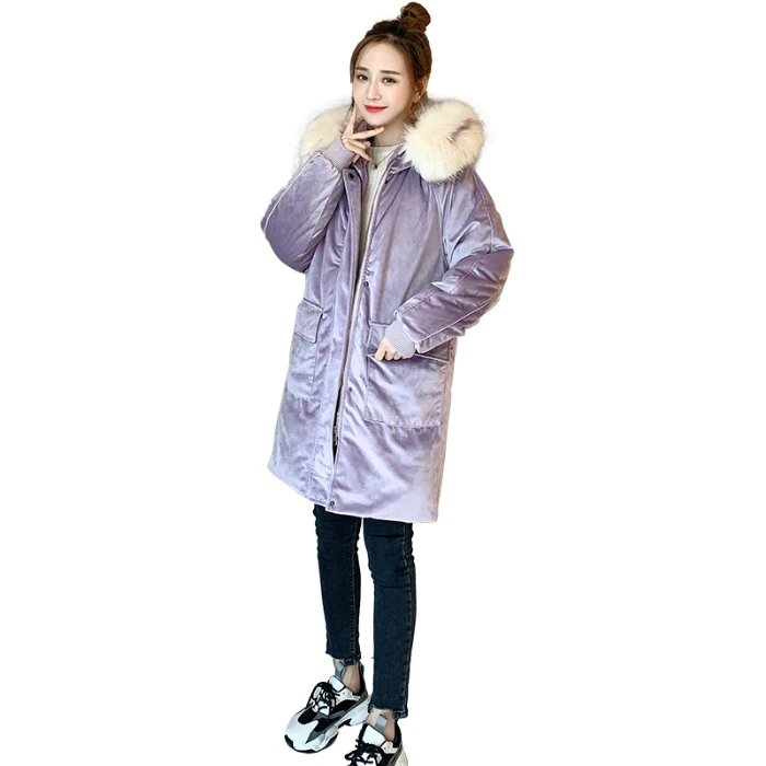 Пальто с большим меховым воротником зима 2019 Новый пуховик золотой бархат Женская