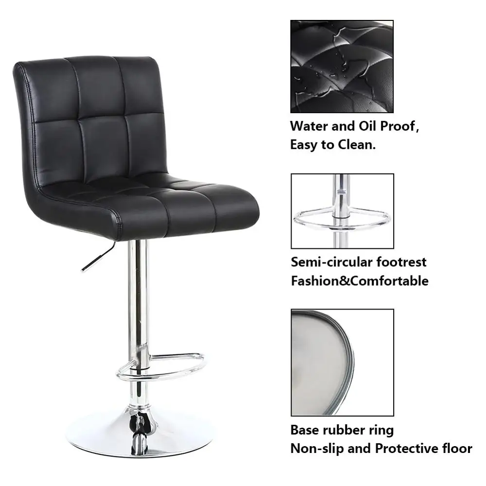 KKTONER Square Bar Stool PU Leather with Footrest Height Adjustable Swivel Chair Kitchen Pub stools Back Rest (BLACK) | Мебель