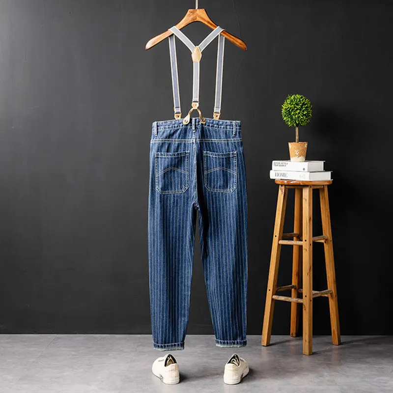 ZYYong Fahsion Man Jeans Bib Overalls Multi Pocket Hip Hop Streetwear Blue Stripe Homme Denim Trousers Leisure Cargo Pants