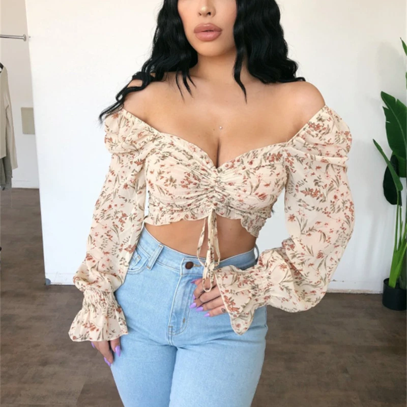 

Fall Women Little Flowers Print Off Shoulder Shirt with Drawstring Long Sleeve Ruched Crop Top Casual Vacation Clothing