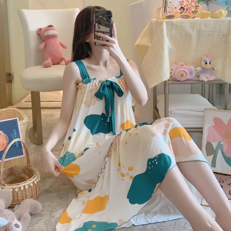 Ночные рубашки для женщин большие размеры 5XL на бретельках без рукавов с бантом