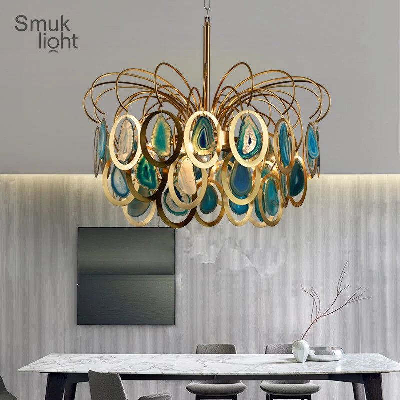 

Modern Chandeliers Luxury Agate Suspension Light E14 Creative Blue Restaurant Ceiling Hanging Lighting Home Decoration Fixture