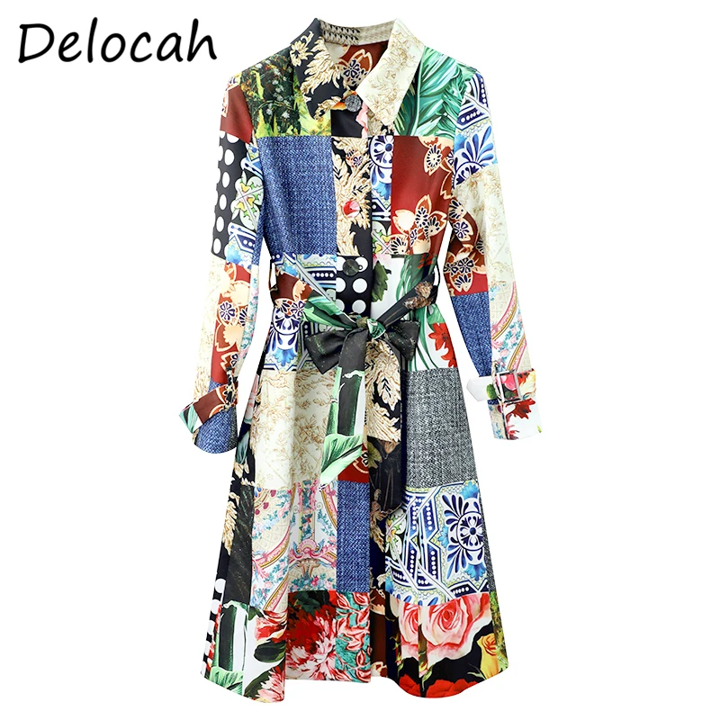 

Delocah Women Autumn Fashion RunwayTrench Coats Long Sleeve Bow Sashes Vintage Printed Bodycon Ladies A-Line Coat Overcoat 2021