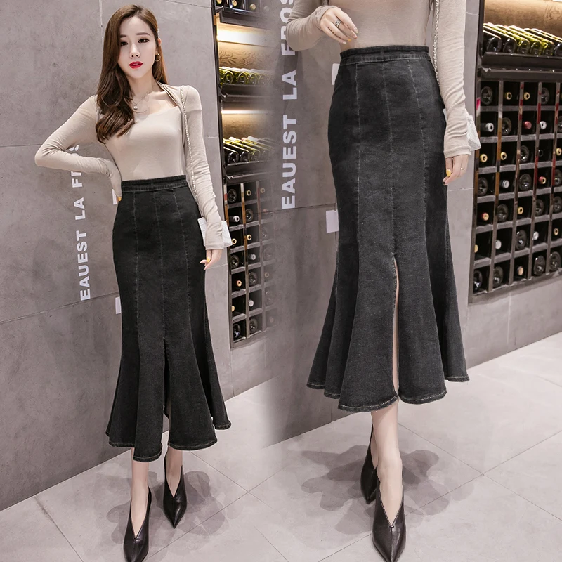 

Spring 2020 Women Denim Mermaid Skirt Package Hip Sexy Long Female Zipper Up Slim Black Blue High Waist Jeans Skirts Women