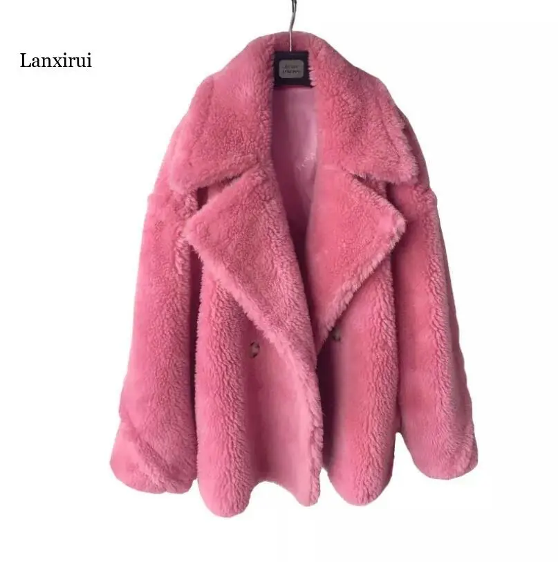 

Winter Long Warm Teddy Faux Fur Coat For Women Solid Color Plush Loose Vintage Lamb Wool Jacket Turn-dowm Collar Casual Coat