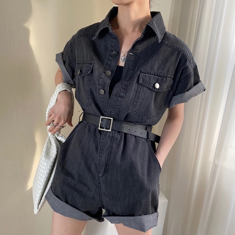 Blue Cargo Denim Jumpsuit Casual Single-breasted Short-sleeved High-waisted Wide-legged Shorts Women Jumpsuits Ropa De Mujer