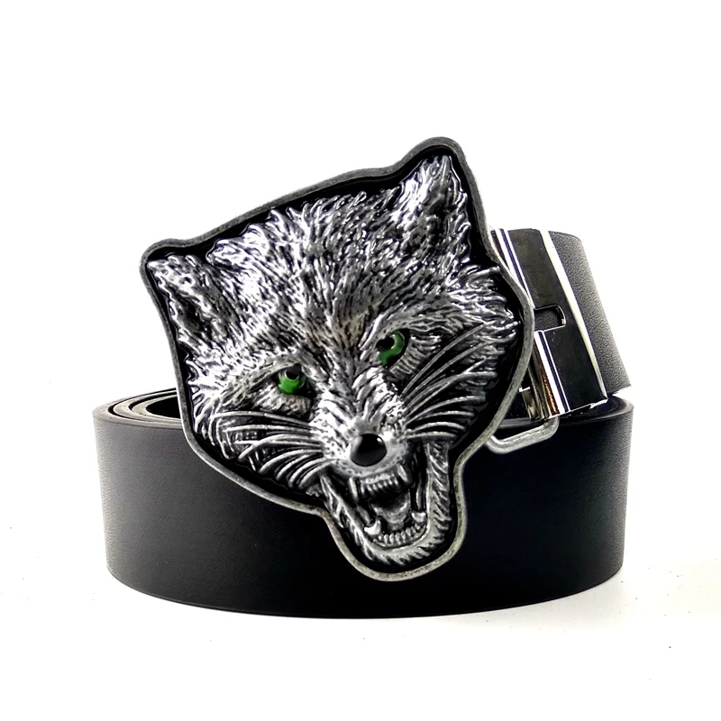 Mens Cool Black PU Leather Belt Animal 3D Wolf Head Metal Big Belt Buckle For Men Jeans Western Cowboy Cinto Masculino Plus Size