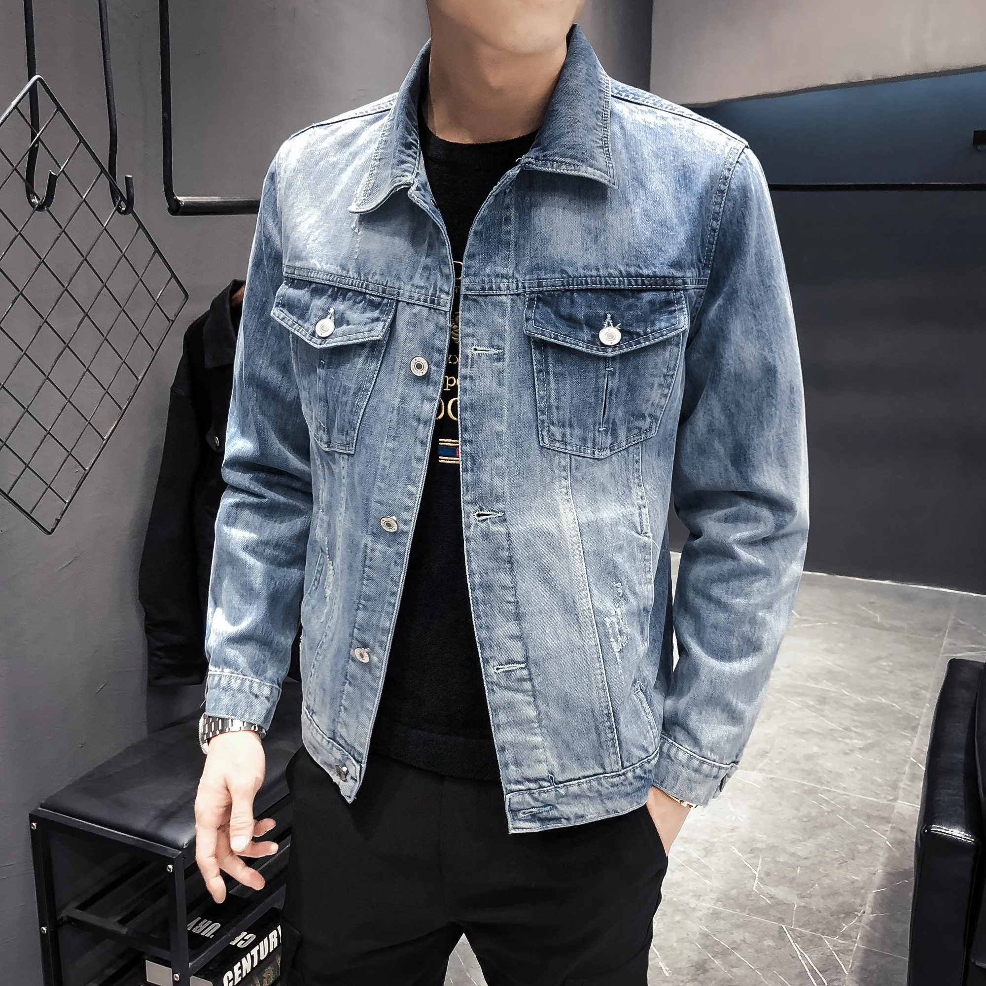 

Модная новая джинсовая куртка с эффектом потертости, облегающая мужская куртка