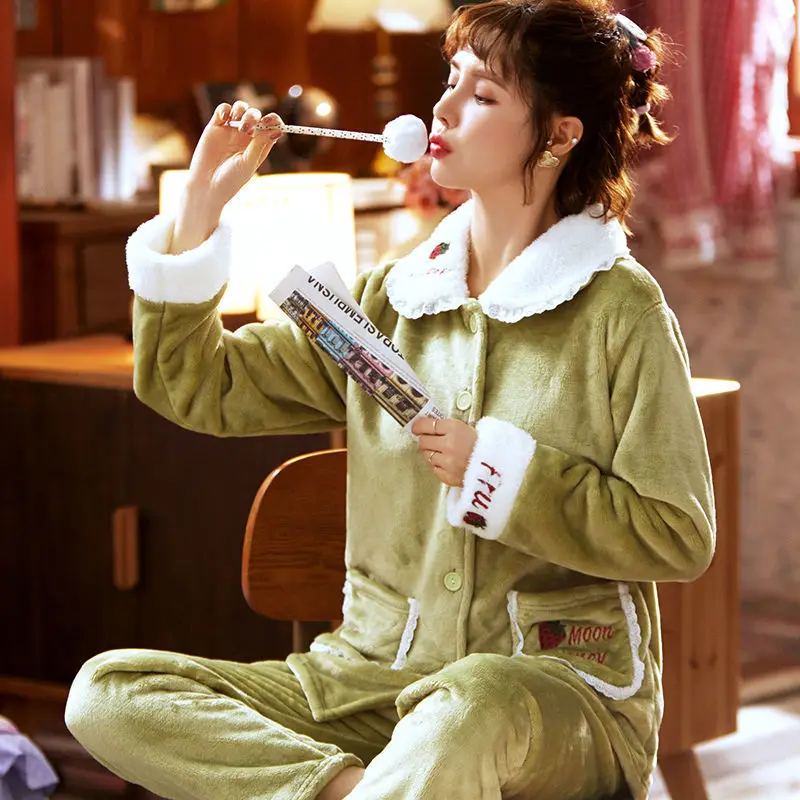 Women's Lace Pajamas Sexy Sleepwear Set Women Embroidery Pajama Set Long  Pant Hot Warm Flannel Winter  Homewear Big Size