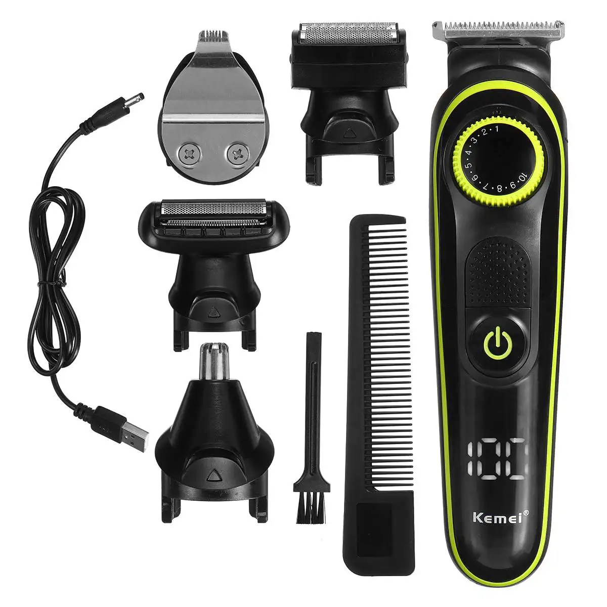 

KM-696 Hair Trimmer Household Electric Hair Clippers Multifunctional USB Rechargeable Shaver LED Display 5 in 1 Cutter Heads