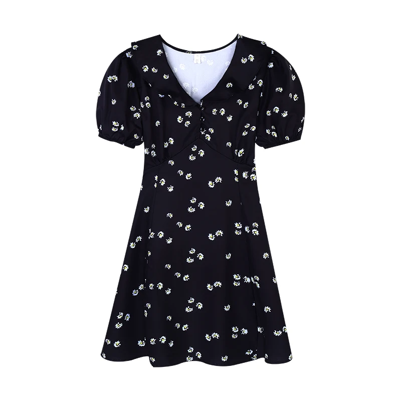 

Black Floral V-neck Dress Women Sweet Puff Sleeve Fairy Gentle Slim A-line Mini Vestido Students Chic Retro Summer Street Wear