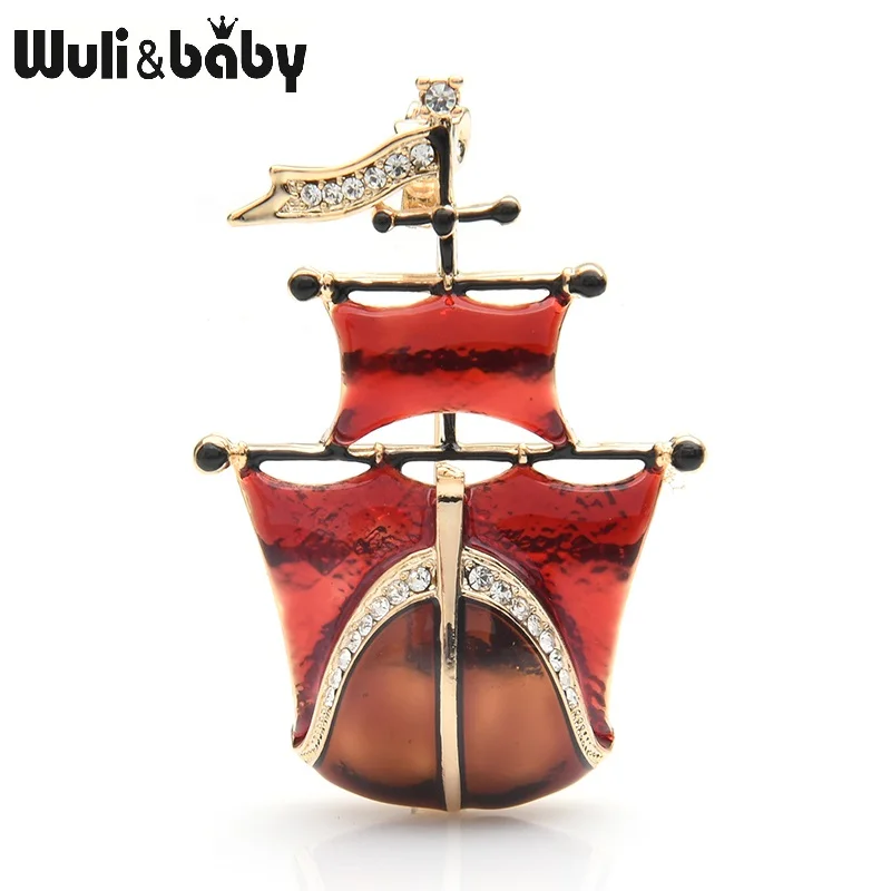 Wuli&baby Red Enamel Sailboat Brooches Women Men Alloy Sport Excise Party Brooch Pins Gifts