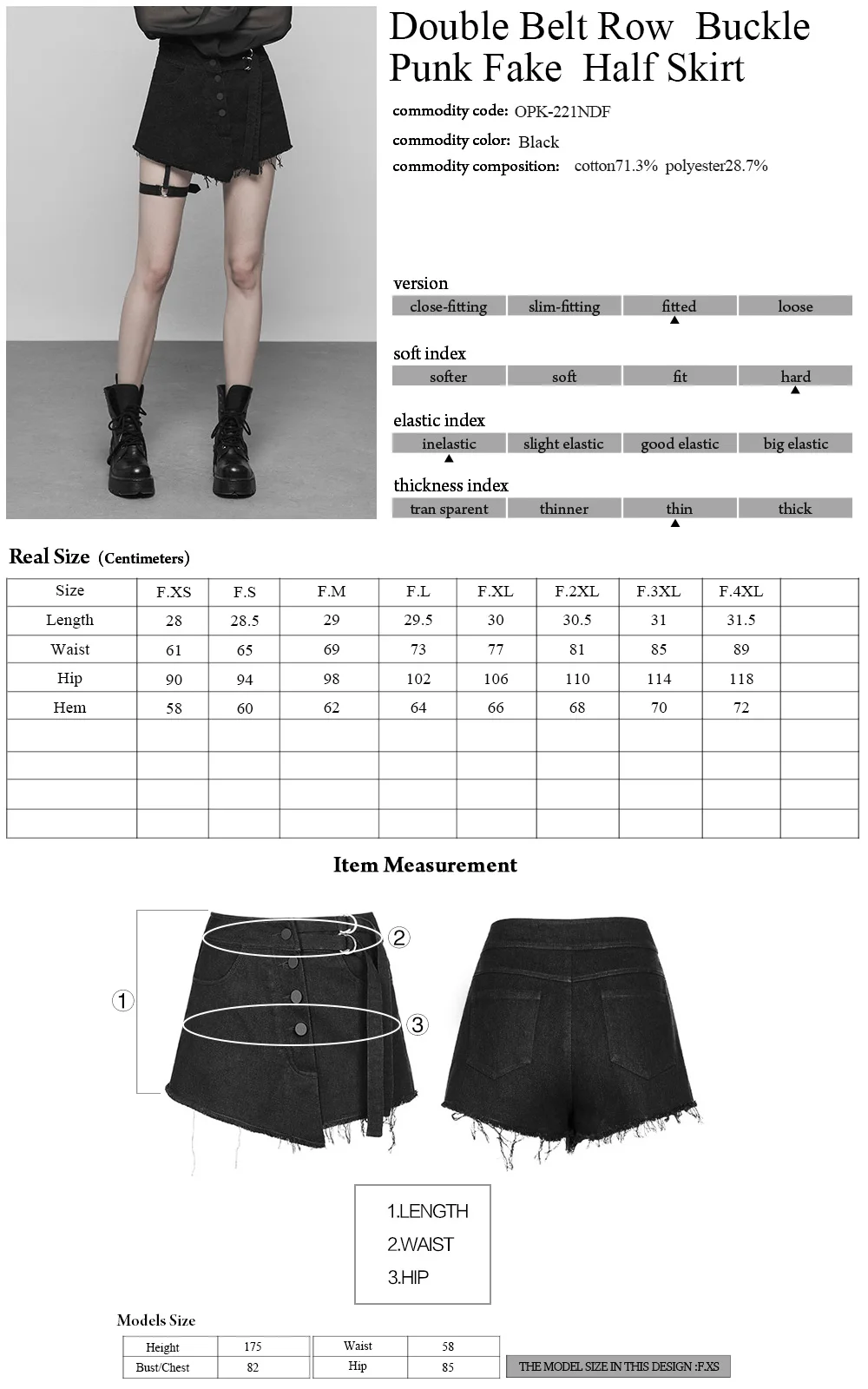

PUNKRAVE Women's Punk Double Belt Row Buckle Fake Half Skirt Street Personality High Waist Denim Skirt Pants
