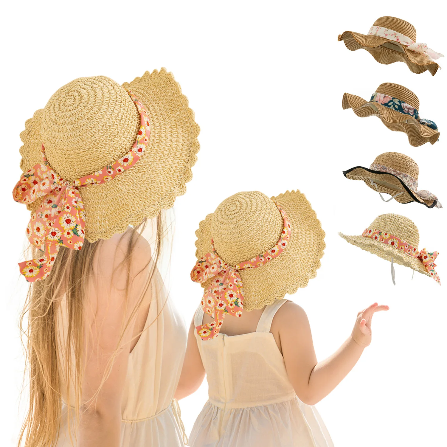 

Family Matching Summer Hats Mom And Me Bow Straw Floral For Kids Women Girl Lady Star Sun Bohemia Beach Wear Accessories
