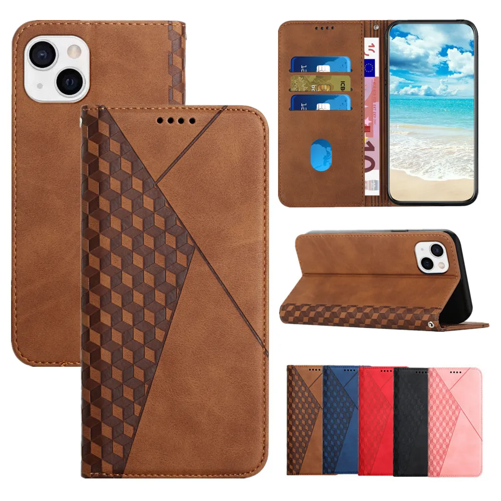 

Leather Cases for iPhone 13 12 11 Pro Max XR XS SE 2020 6 7 8 Plus Rhombus Wallet Cover Magnetic Flip Protection Phone Fundas