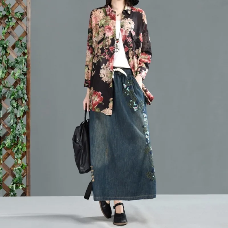 Новинка 2020 джинсовые юбки для женщин винтажные с цветочной вышивкой свободные