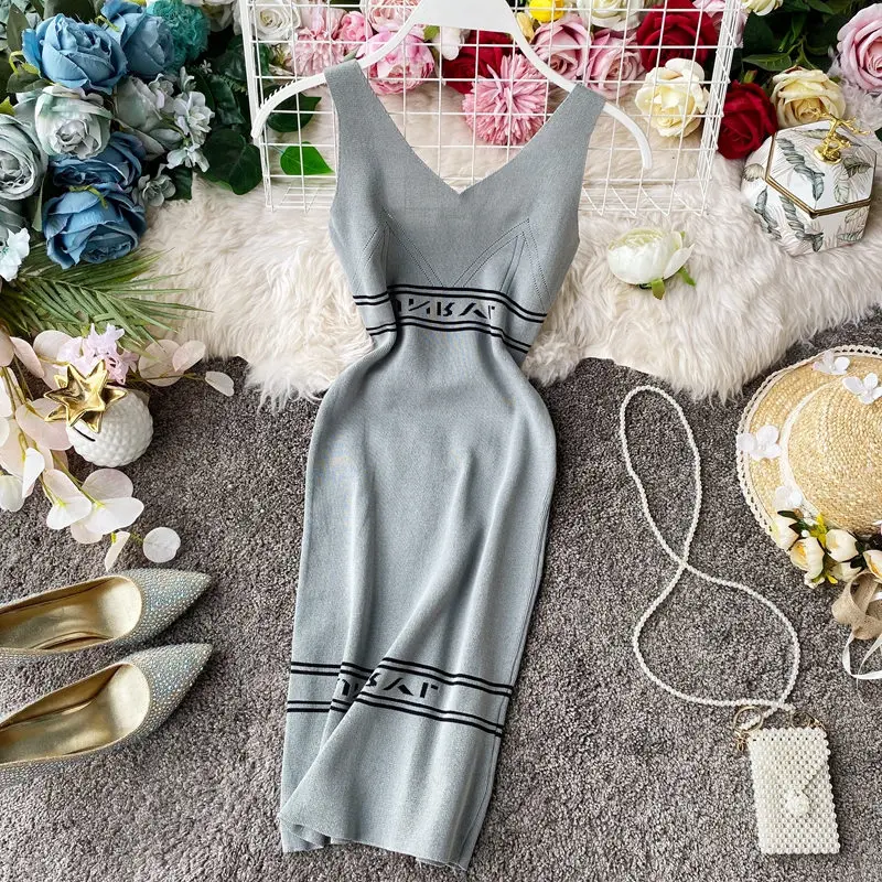 Женское трикотажное платье на бретельках LUOSHA обтягивающее свитер с v образным