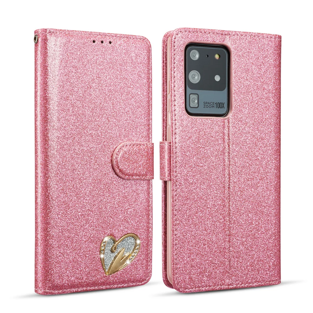 

Luxury Rhinestone Love Heart Bling Leather Wallet Case for Samsung Galaxy S21 Note 10 20 Ultra S20 FE 5G S10 Plus Flip Cover