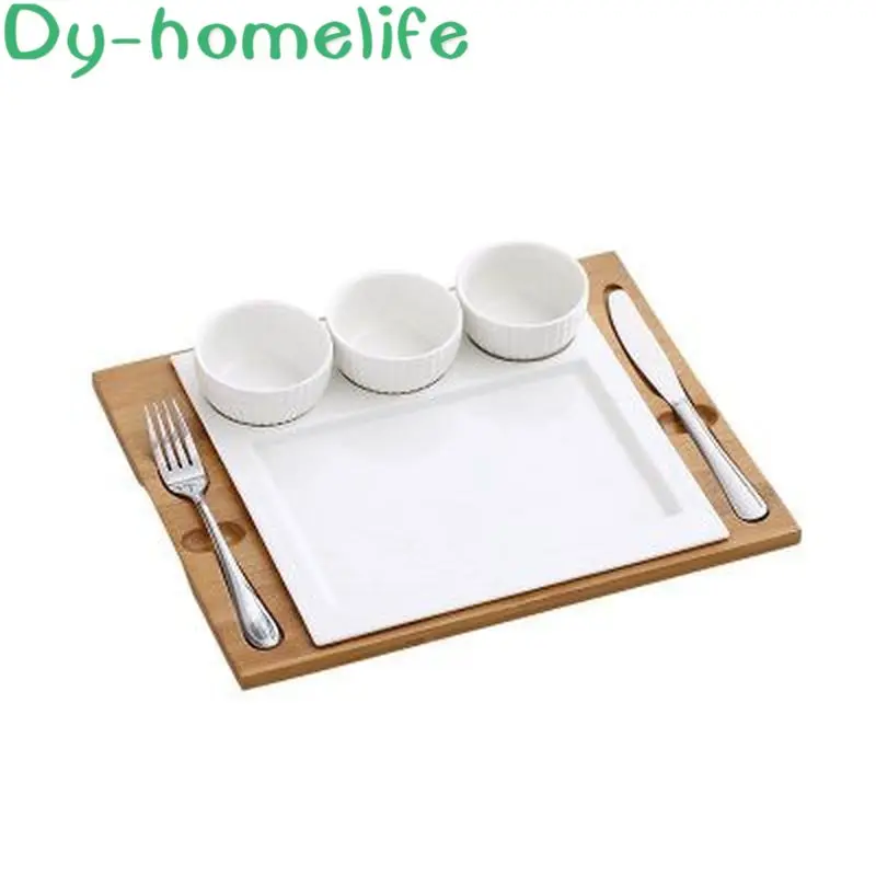 

Nordic Wooden Tray Ceramic Tableware Set Restaurant Home Western Steak Dinner Plate Seasoning Plate Knife and Fork Set