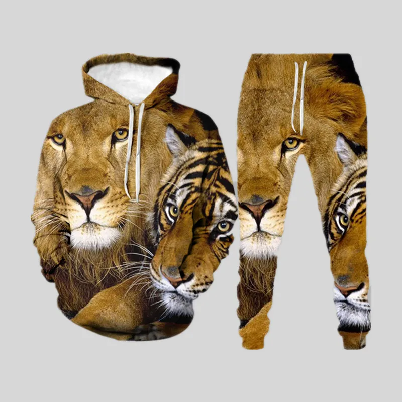 

Autumn Tracksuit Suit Trendy Men Set Outfit Lion Printing Long Sleeve Hoodie Sweatshirt Trousers 2-Piece Young Fashion Clothes