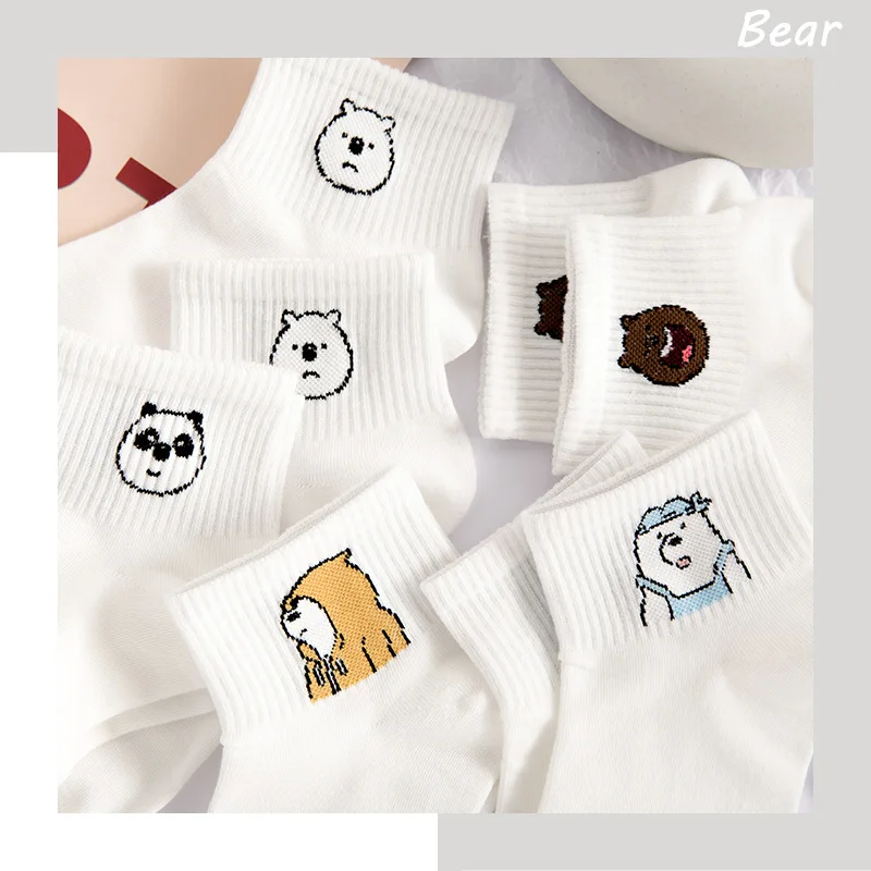 

Cartoon Women Breathable Cotton Socks White Cute Bear Panda Lovely Animal Pattern Girl Sock Combed of Pure Cotton Female Socks