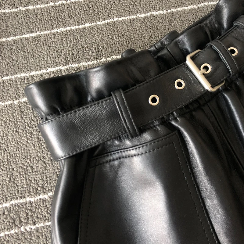 2019 Fall women high quality real leather Shorts Chic high-waist wide-leg short trousers A682 | Женская одежда