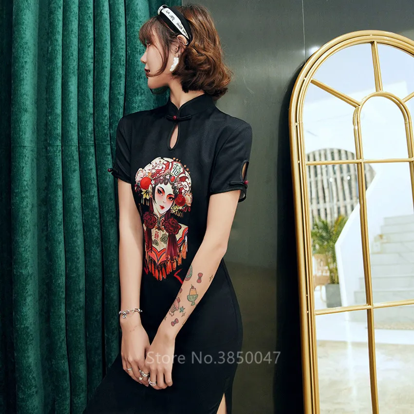 Женское чонсам черное готическое платье Ципао пикантное приталенное с китайским