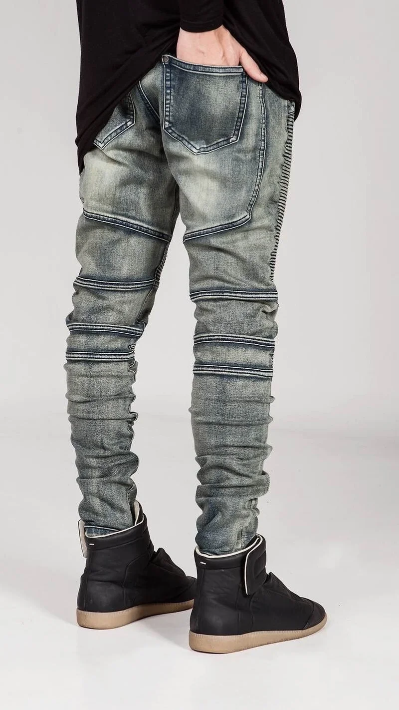 Men Jeans Motorcycle Pants Folds Slim Pencil Pants Elastic Skinny Jeans Men Fashion Solid Color Casual Trend Men Denim Pants