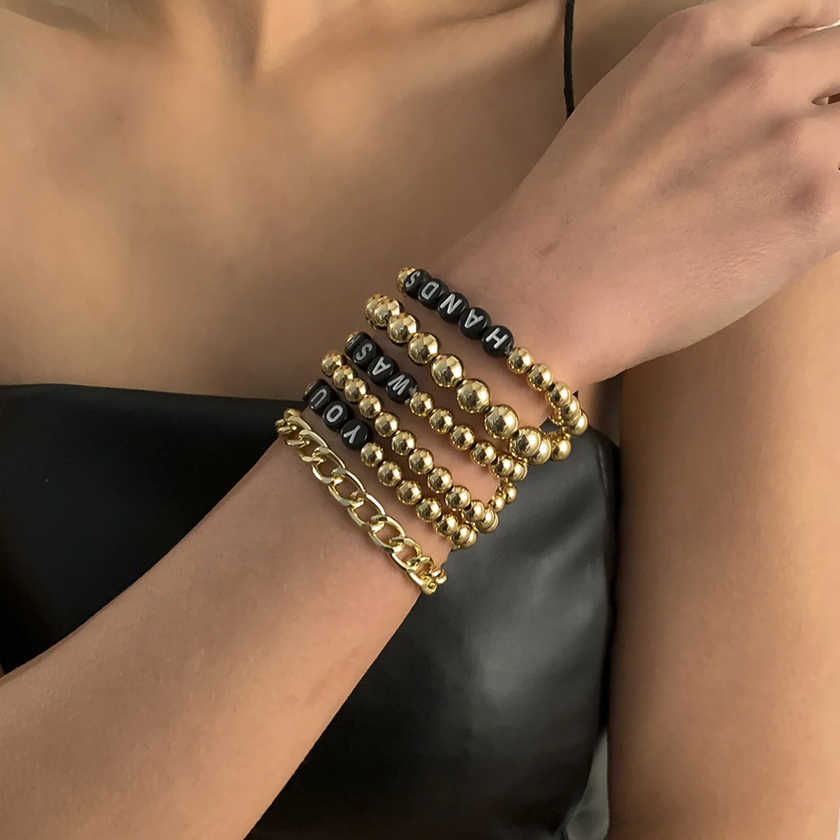 

2021 Bohemian retro ccb letter plastic bracelet golden beaded elastic stretch multi-layer bracelet set jewelry
