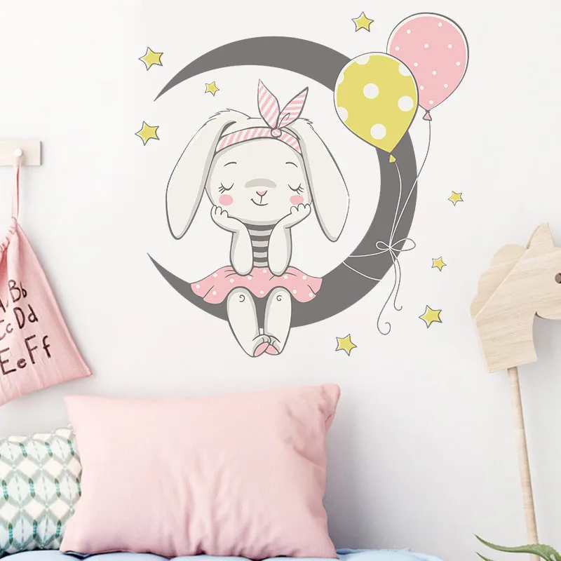 

Cartoon Moon Bunny Wall Stickers Kids Girls Room Home Decor Wallpaper Bedroom Living Room Background Beautify Decoration Sticker
