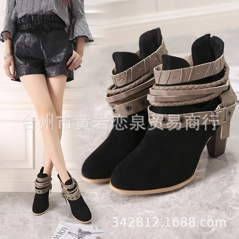 Ботинки женские короткие с круглым носком Винтажные ботинки на среднем каблуке