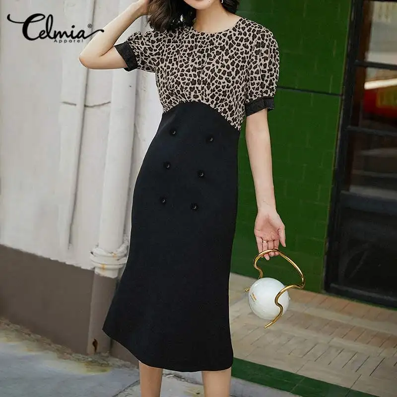 

Celmia Leopard Print Patchwork Midi Shirt Dresses Women's 2021 Summer Waisted Long Vestidos Elegant Ladies Short Sleeve Robes