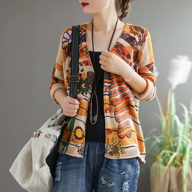 Разноцветные вязаные кардиганы с v-образным вырезом и длинным рукавом Harakuju