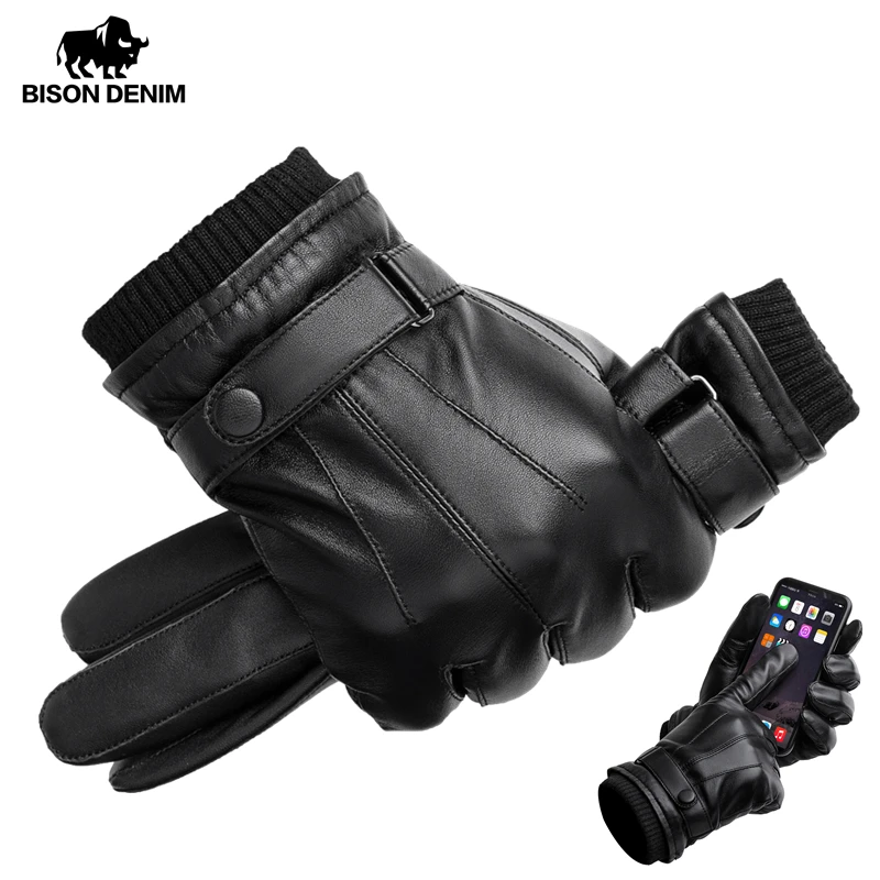 

BISON DENIM Brand Fashion Men Gloves Genuine Leather Sheepskin Autumn Winter Warm Touch Screen Full Finger Glove